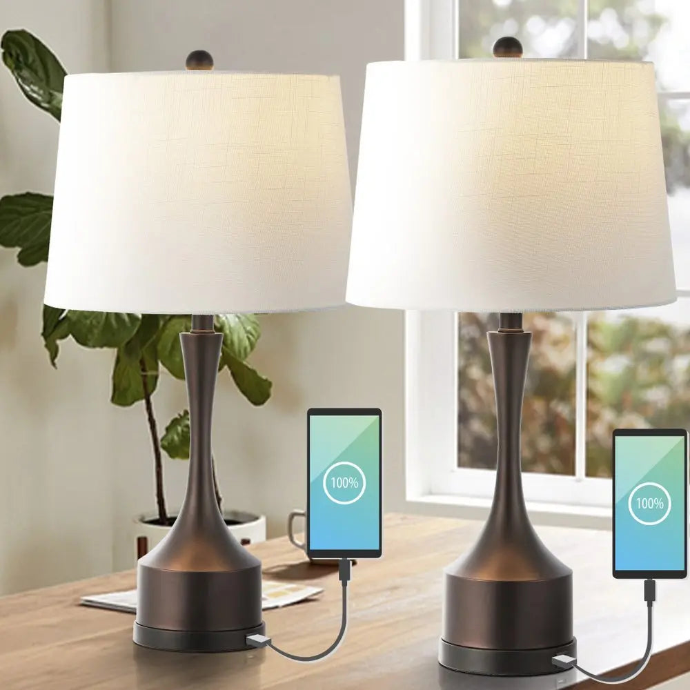 Set of Two 26" Antiqued Bronze Novelty Table Lamps LED With Empire Shades HomeRoots