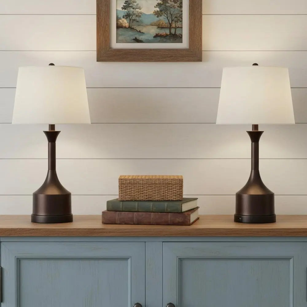 Set of Two 26" Antiqued Bronze Novelty Table Lamps LED With Empire Shades HomeRoots