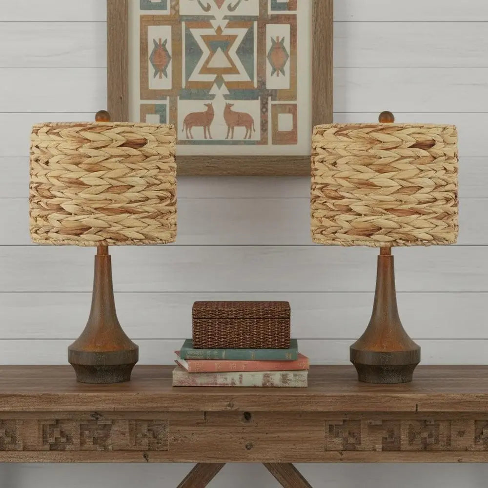 Set of Two 21" Clear Gourd Table Lamps LED With Drum Shades HomeRoots