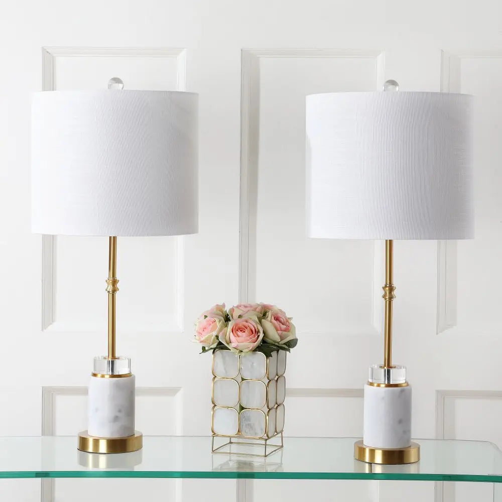 Set of Two 27" Gold Novelty Table Lamps LED With Drum Shades HomeRoots