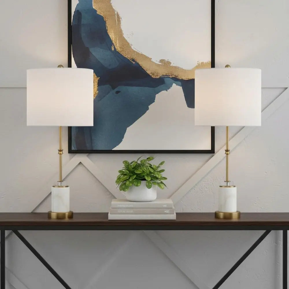 Set of Two 27" Gold Novelty Table Lamps LED With Drum Shades HomeRoots