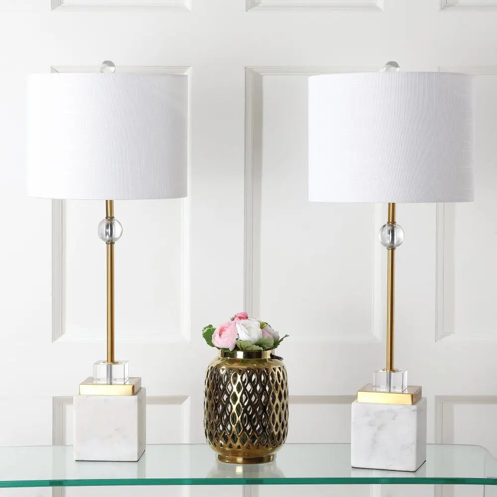 Set of Two 30" White Novelty Table Lamps LED With Drum Shades HomeRoots