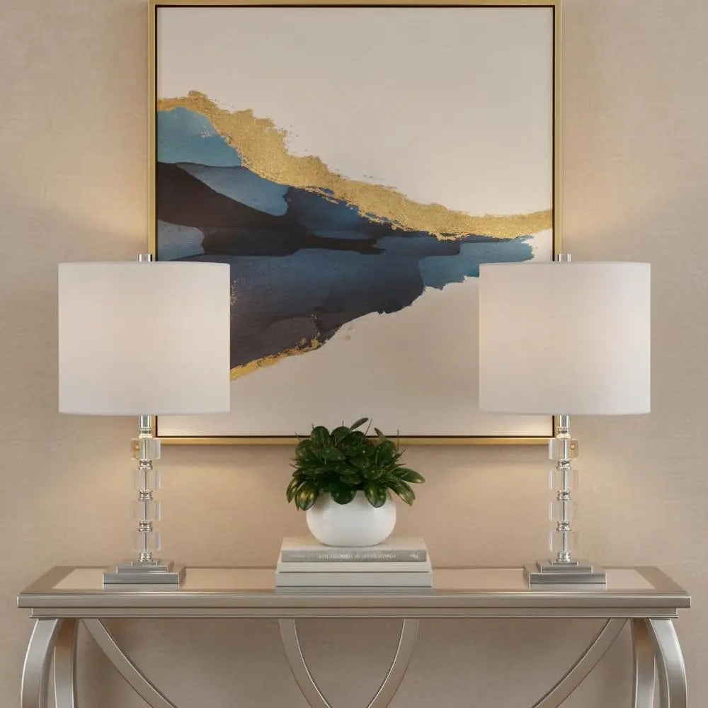 Set of Two 22" Silver Novelty Table Lamps LED With Drum Shades HomeRoots