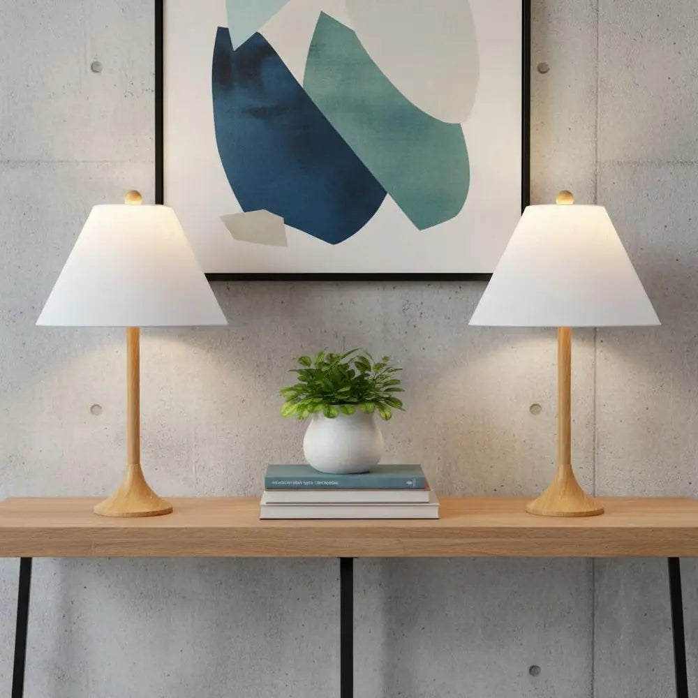 Set of Two 25" Brown Table Lamps LED With Empire Shades HomeRoots