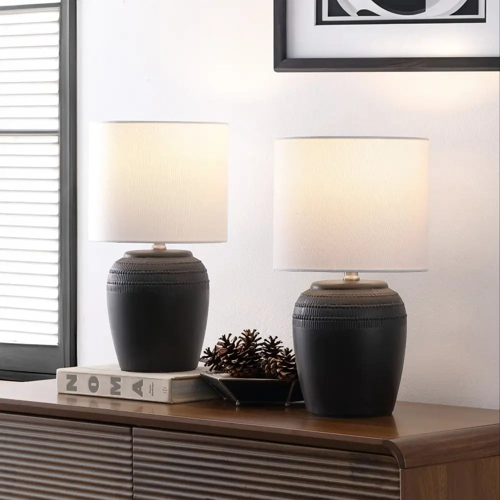 Set of Two 17" Clear Gourd Table Lamps LED With Drum Shades HomeRoots