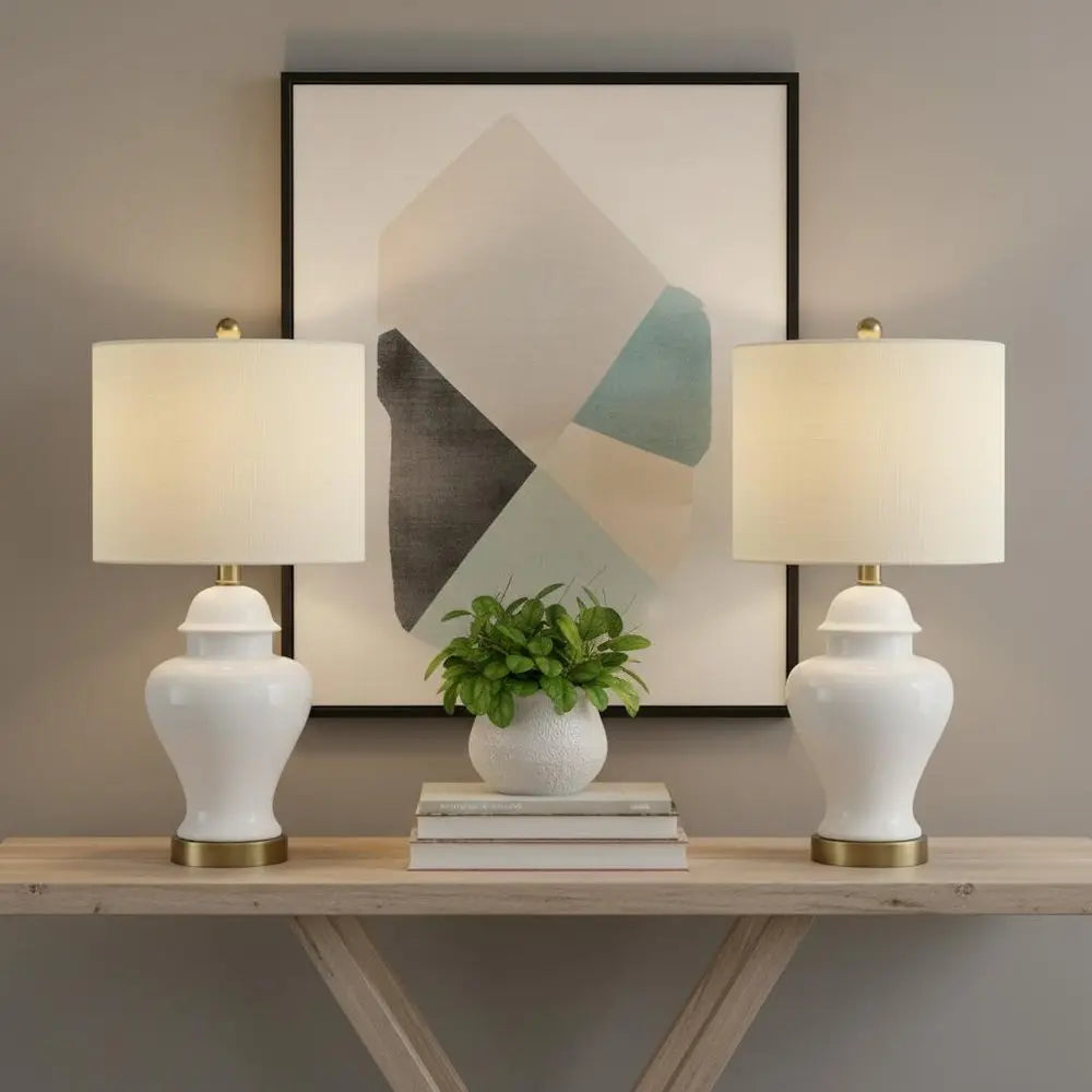 Set of Two 22" Gold Urn Table Lamps LED With Drum Shades HomeRoots