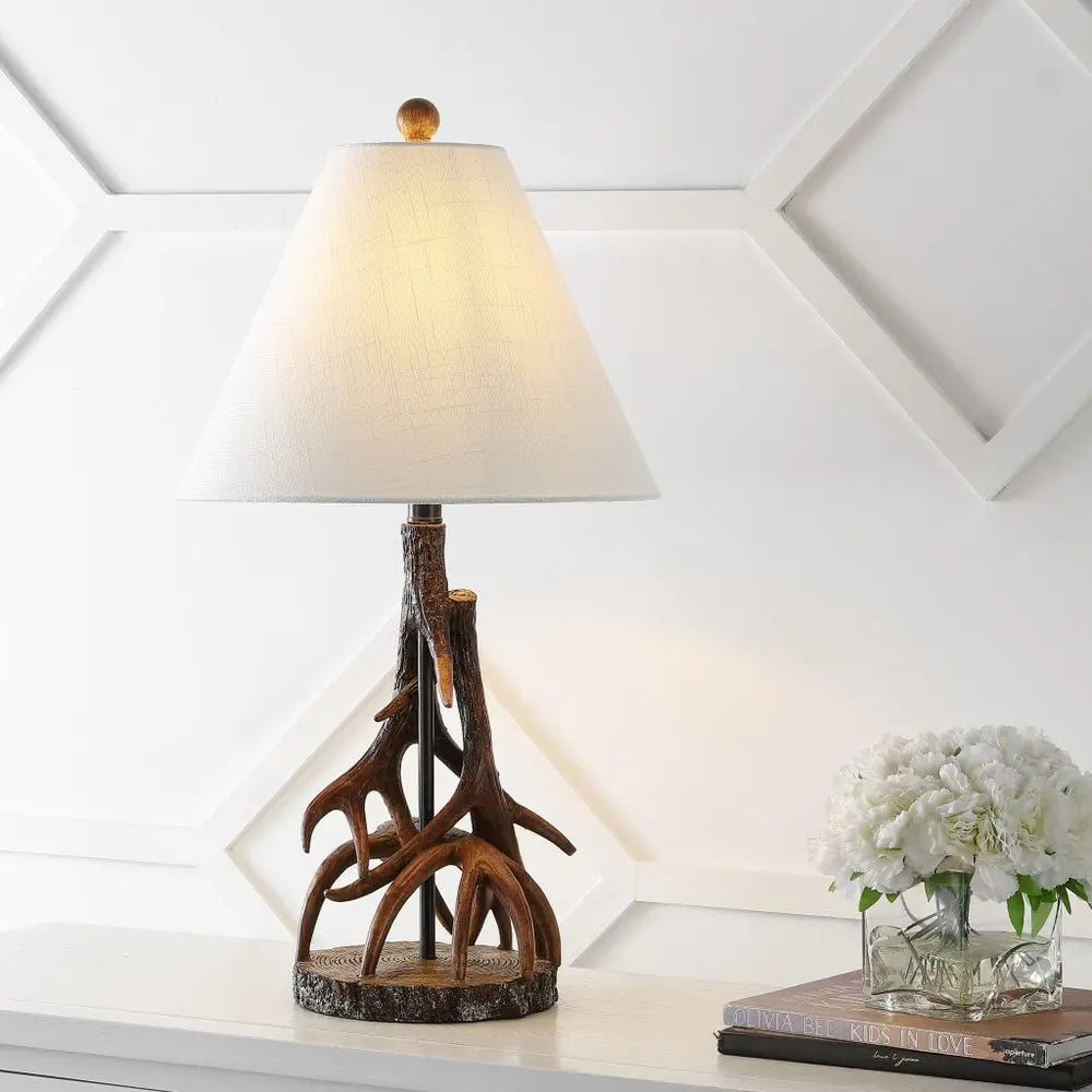 26" Dark Brown Antlers Table Lamp LED With Empire Shade HomeRoots