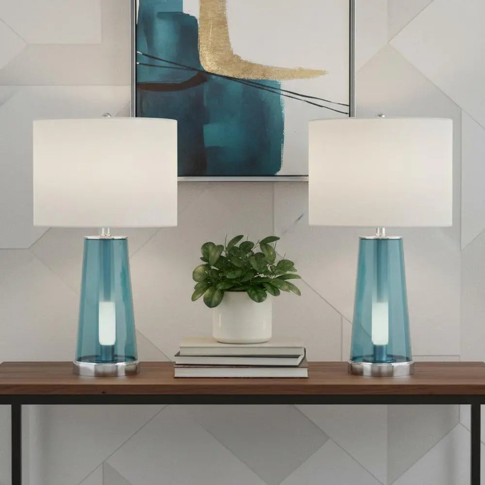 Set of Two 26" Silver Lighthouse Table Lamps LED With Drum Shades HomeRoots