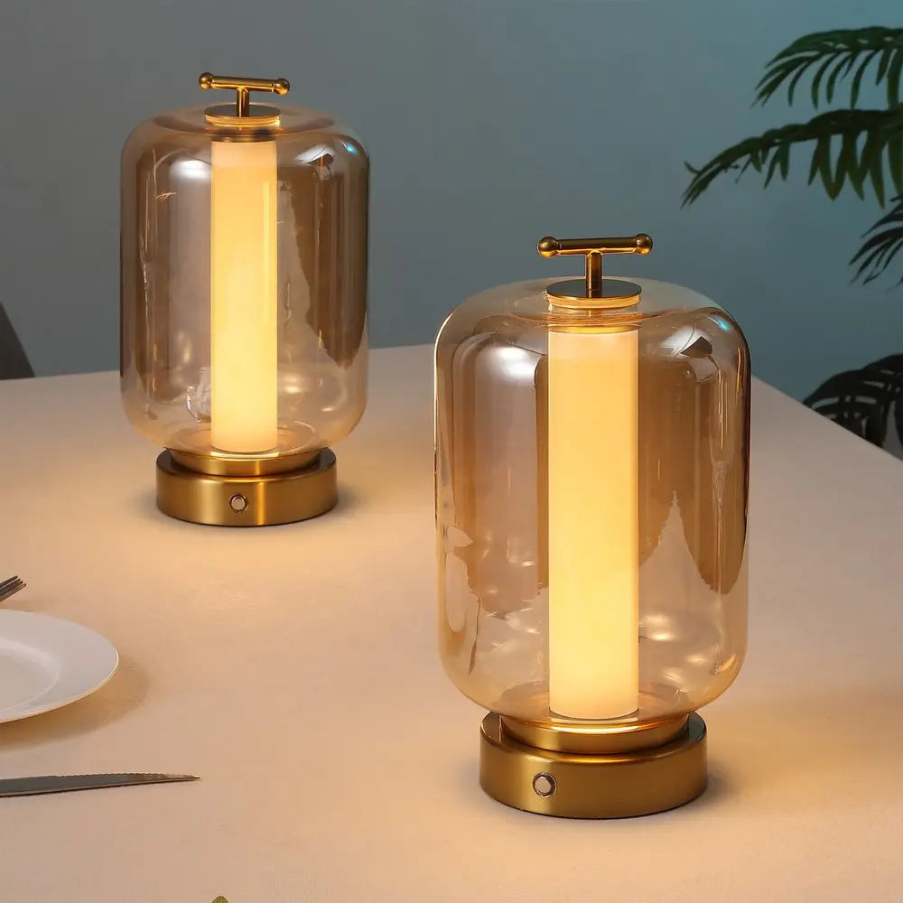 Set of Two 11" Gold Lantern USB Table Lamps LED HomeRoots