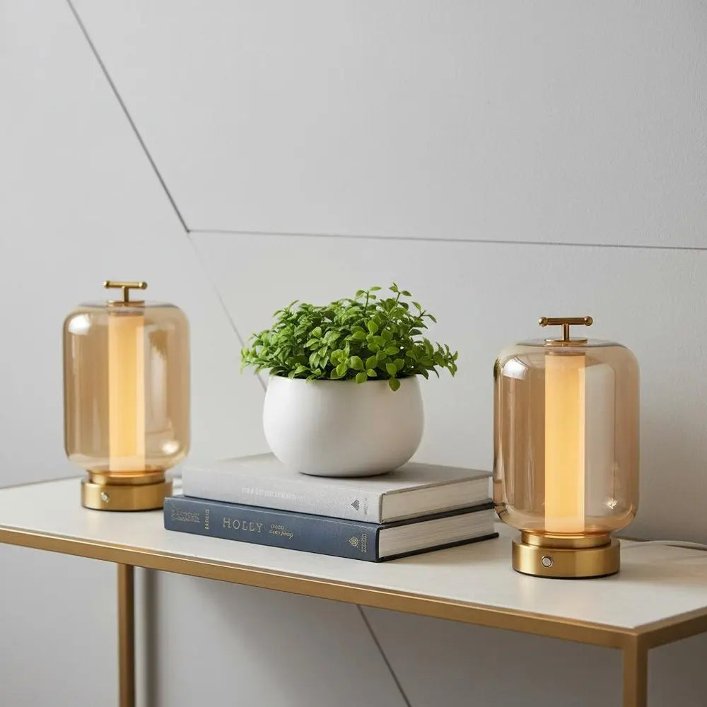 Set of Two 11" Gold Lantern USB Table Lamps LED HomeRoots