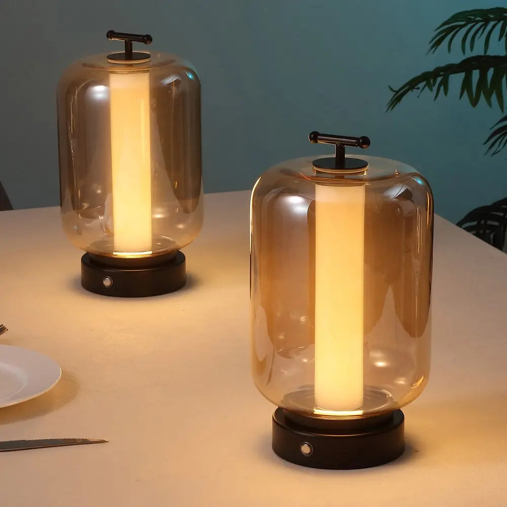 Set of Two 11" Black Lantern USB Table Lamps LED HomeRoots