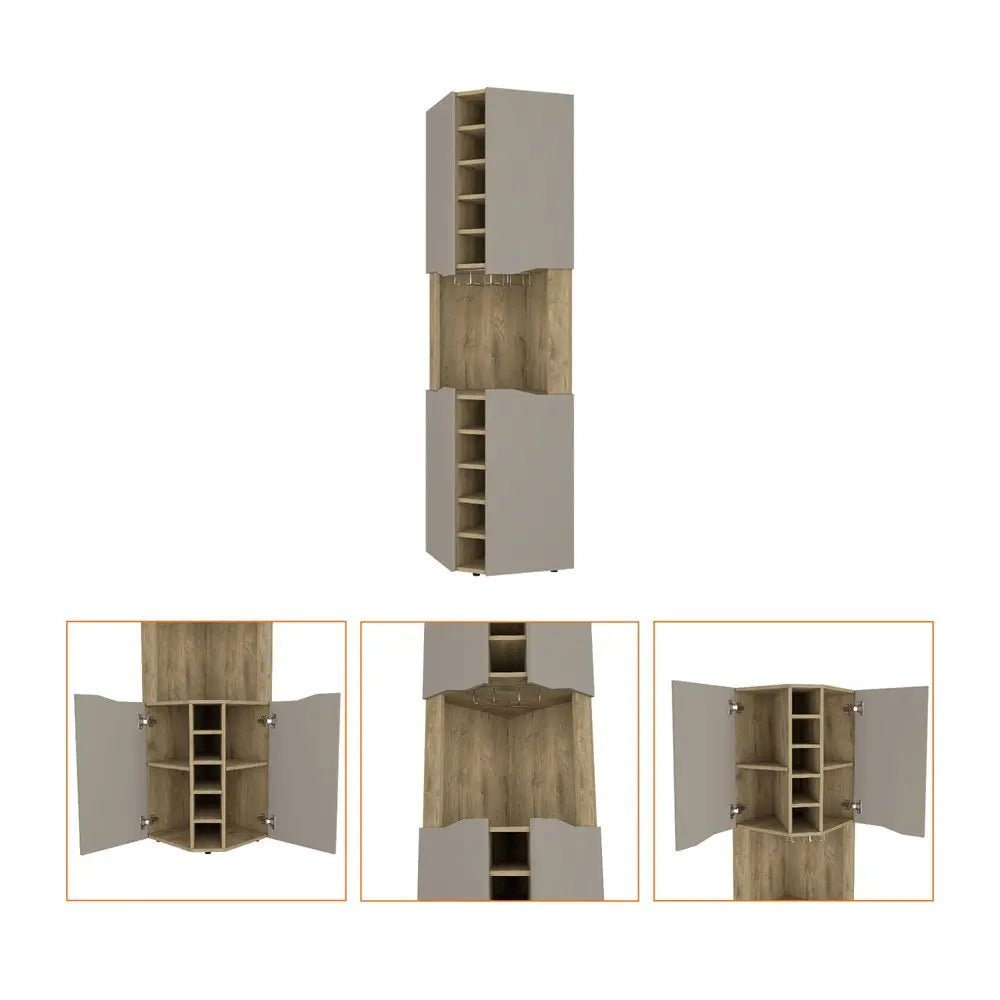 72" Brown and Taupe Wood Corner Bar Cabinet With Four Doors - NOBLE HOME INTERIORS