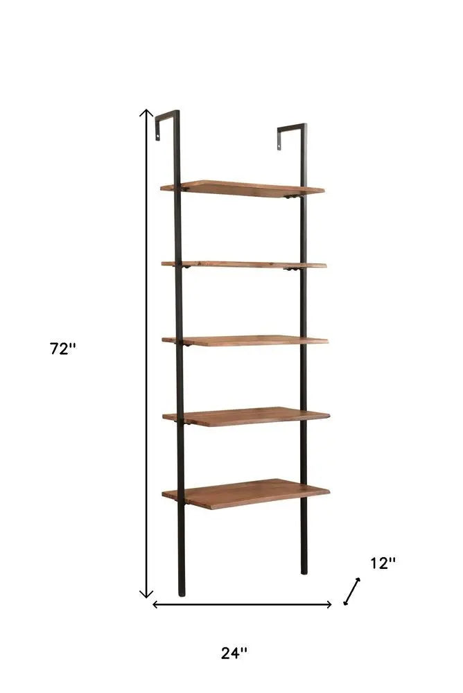 72" Brown Metal and Solid Wood Five Tier Ladder Bookcase - NOBLE HOME INTERIORS