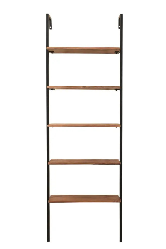 72" Brown Metal and Solid Wood Five Tier Ladder Bookcase - NOBLE HOME INTERIORS