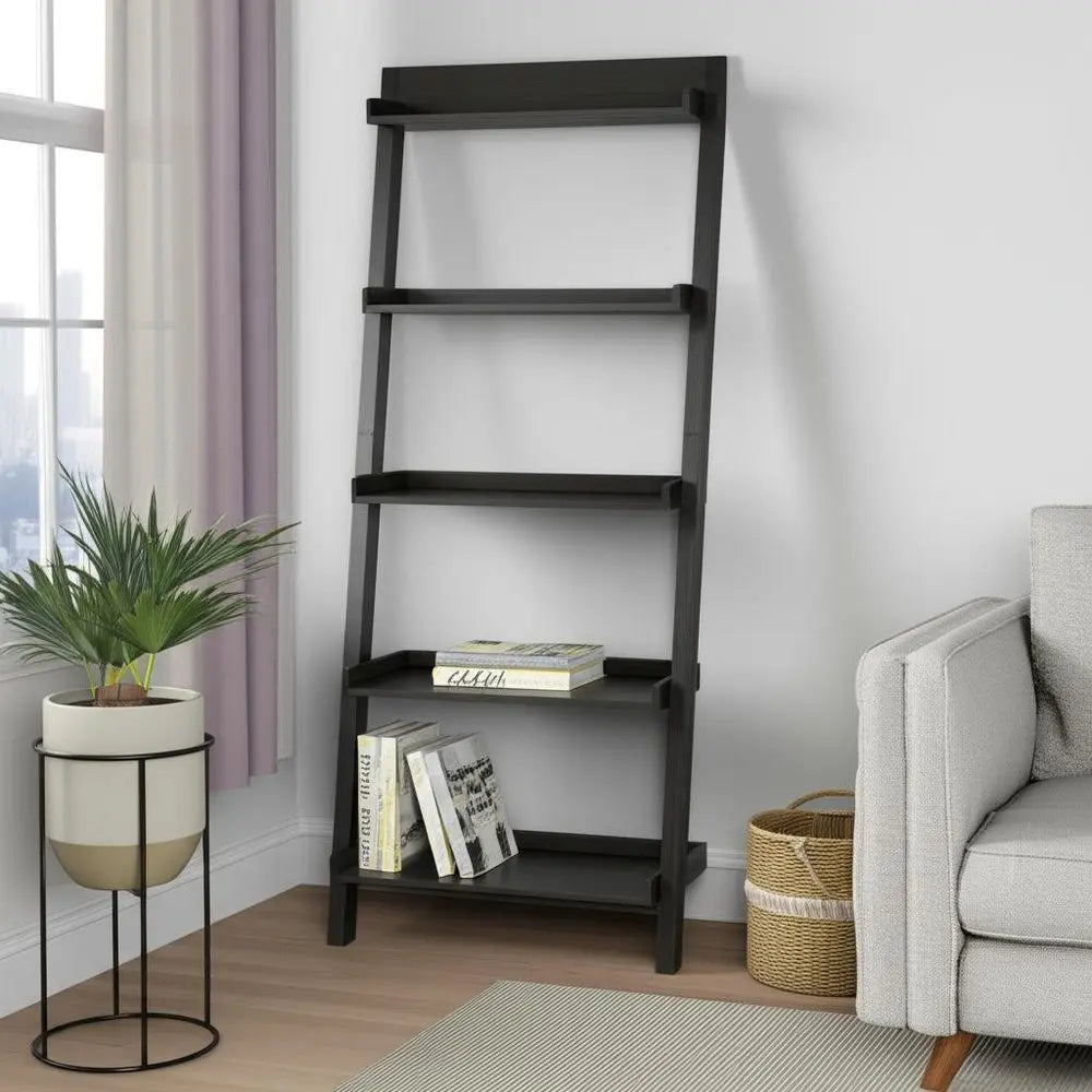 72" Espresso Wood Five Tier Ladder Bookcase - NOBLE HOME INTERIORS
