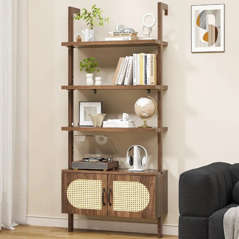 72" Light Brown Wood Adjustable Four Tier Etagere Bookcase with Two Doors - NOBLE HOME INTERIORS