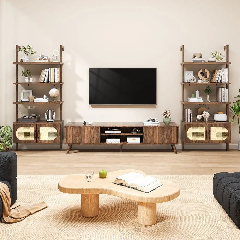 72" Light Brown Wood Adjustable Four Tier Etagere Bookcase with Two Doors - NOBLE HOME INTERIORS