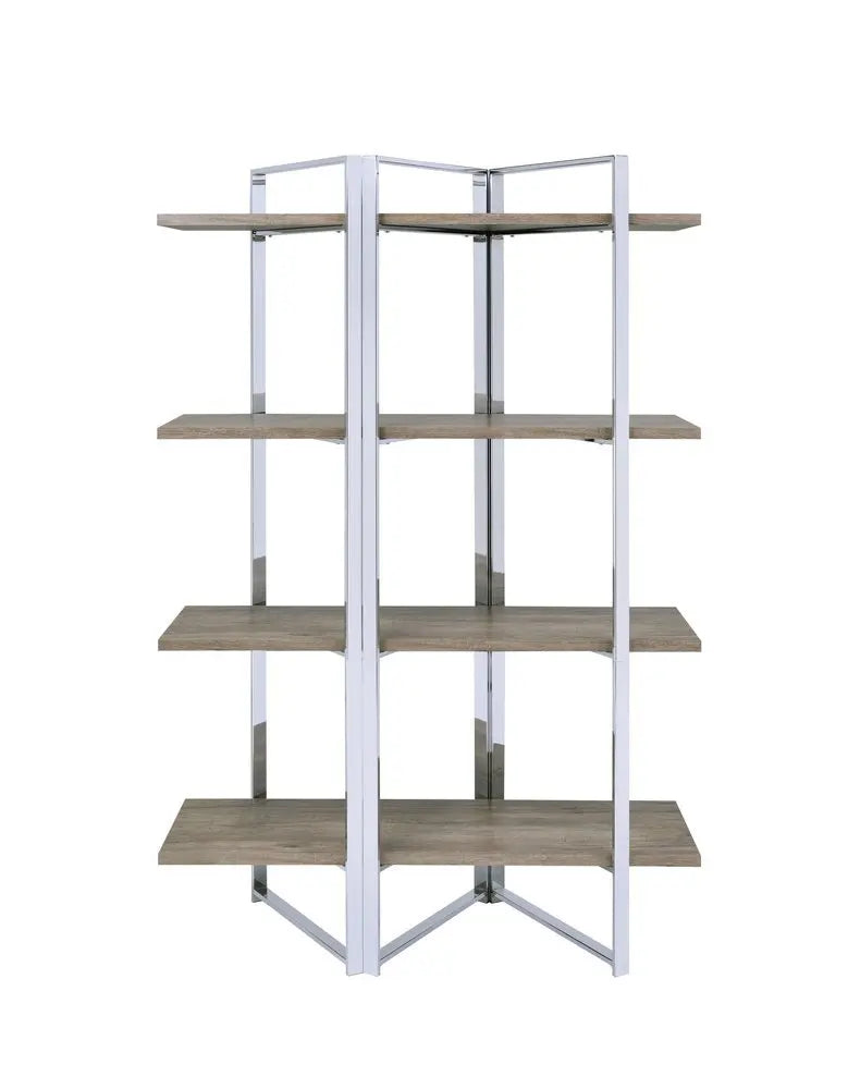 72" Natural And Silver Metal and Wood Four Tier Etagere Bookcase - NOBLE HOME INTERIORS