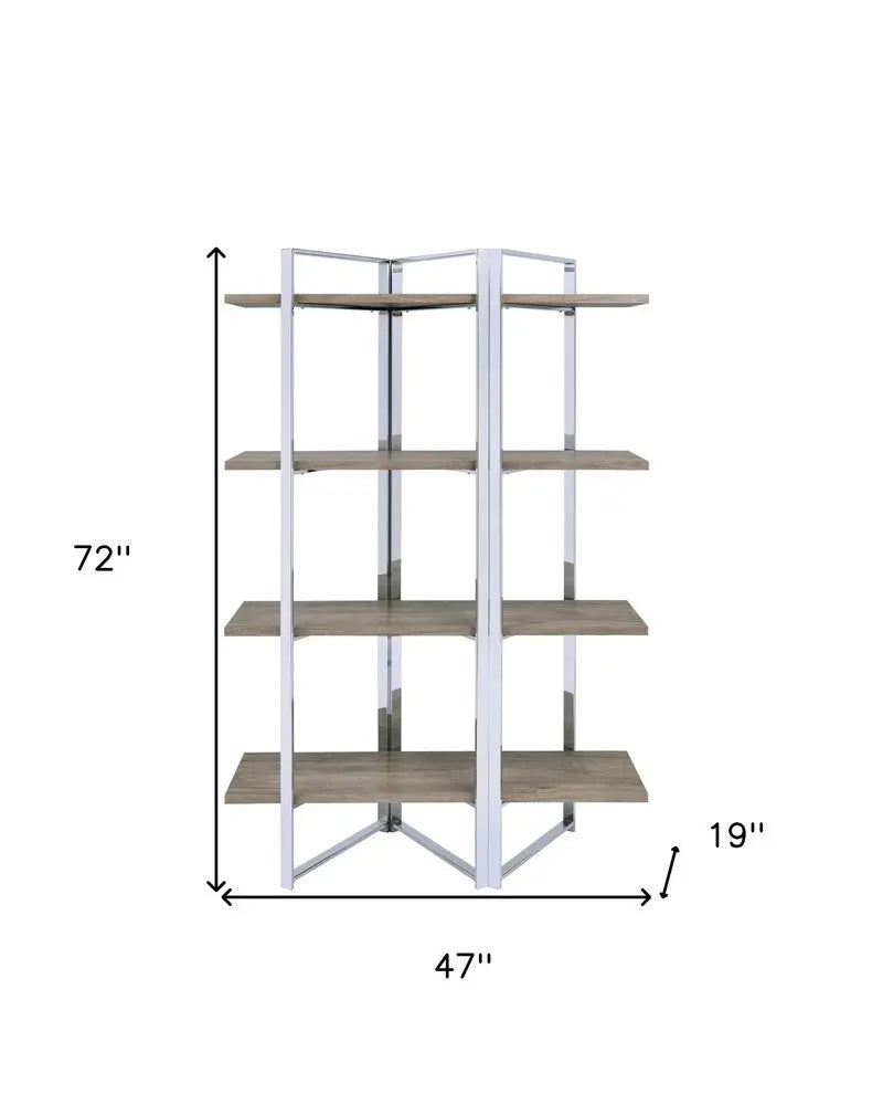 72" Natural And Silver Metal and Wood Four Tier Etagere Bookcase - NOBLE HOME INTERIORS