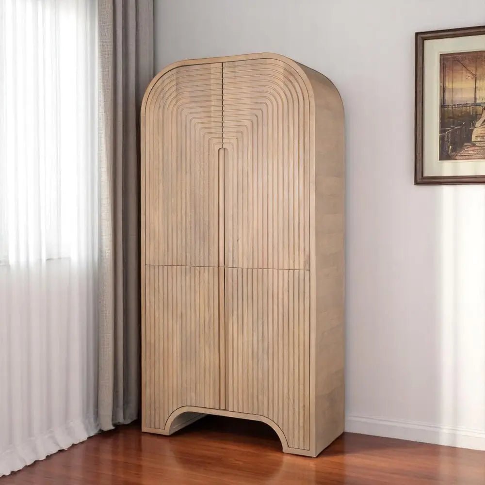72" Natural Solid Wood Textured Door Arched Cabinet With Four Doors - NOBLE HOME INTERIORS