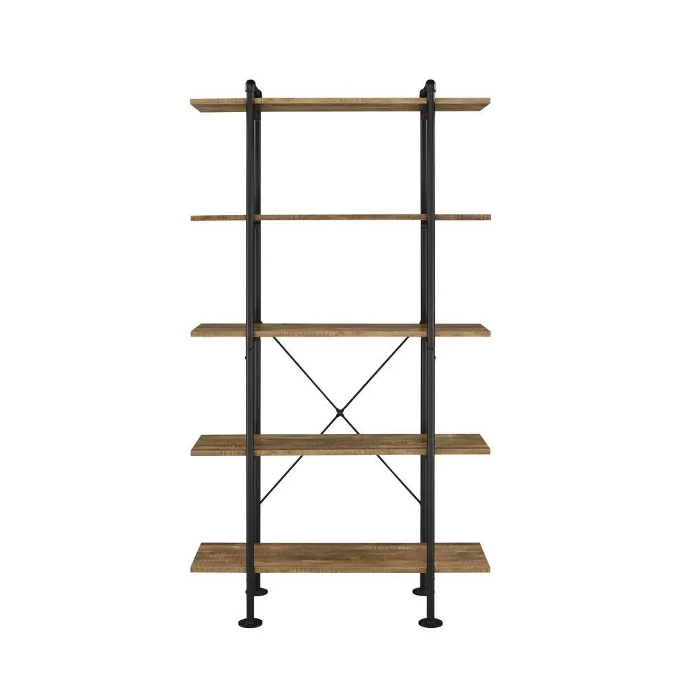 73" Brown And Black Metal Five Tier Etagere Bookcase - NOBLE HOME INTERIORS