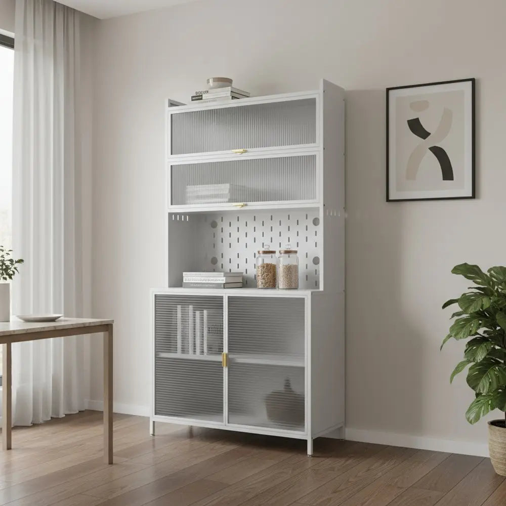 73" White Stainless Steel Textured Door Dining Hutch With Two Doors - NOVA HOME FURNITURE