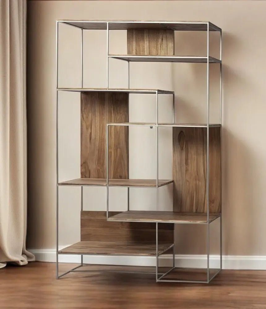 75" Brown And Silver Metal and Wood Six Tier Bookcase - NOBLE HOME INTERIORS