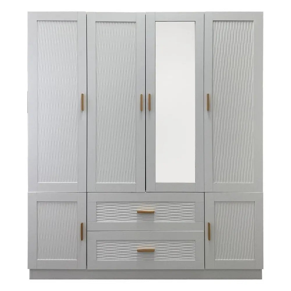 75" White Ribbed Texture Wood Mirrored Six Door Two Drawer Combo Dresser - NOBLE HOME INTERIORS