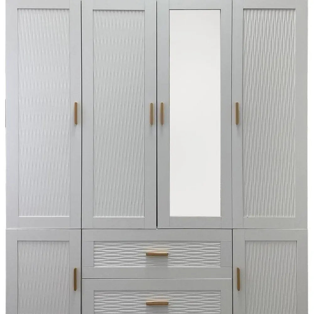 75" White Ribbed Texture Wood Mirrored Six Door Two Drawer Combo Dresser - NOBLE HOME INTERIORS