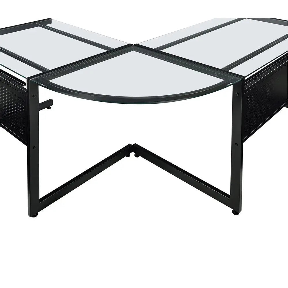 78" Clear and Black Glass and Metal Corner Computer Desk - NOBLE HOME INTERIORS