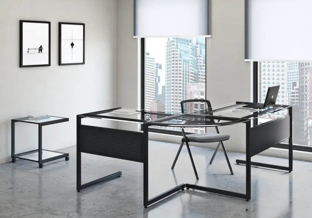 78" Clear and Black Glass and Metal Corner Computer Desk - NOBLE HOME INTERIORS