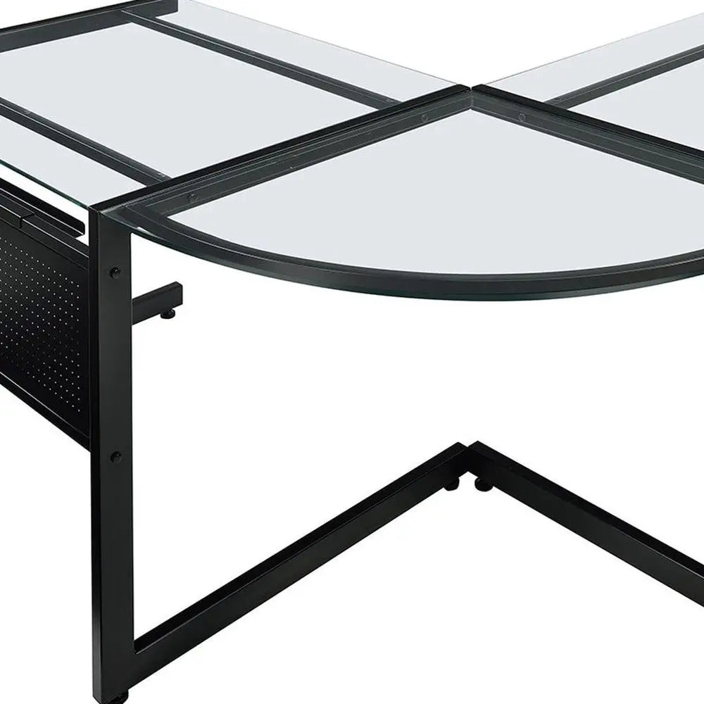 78" Clear and Black Glass and Metal Corner Computer Desk - NOBLE HOME INTERIORS