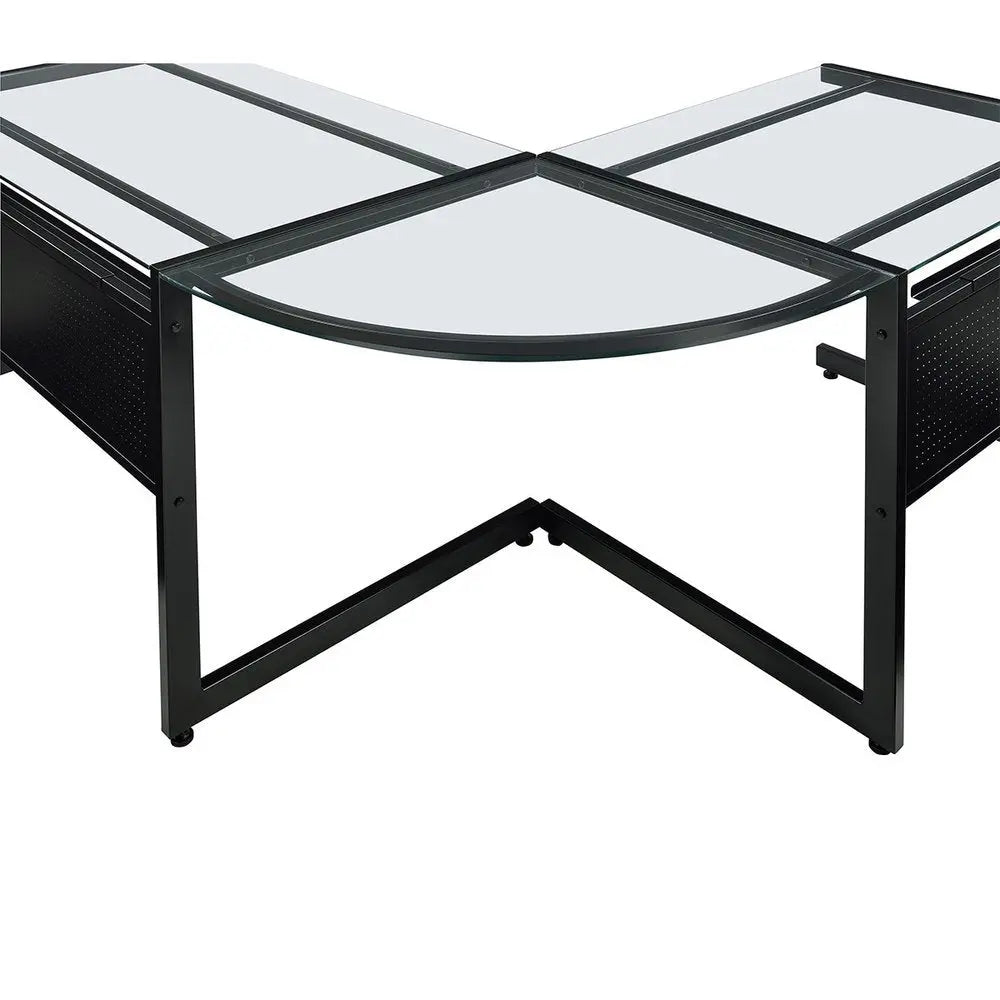 78" Clear and Black Glass and Metal Corner Computer Desk - NOBLE HOME INTERIORS