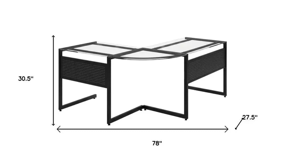 78" Clear and Black Glass and Metal Corner Computer Desk - NOBLE HOME INTERIORS