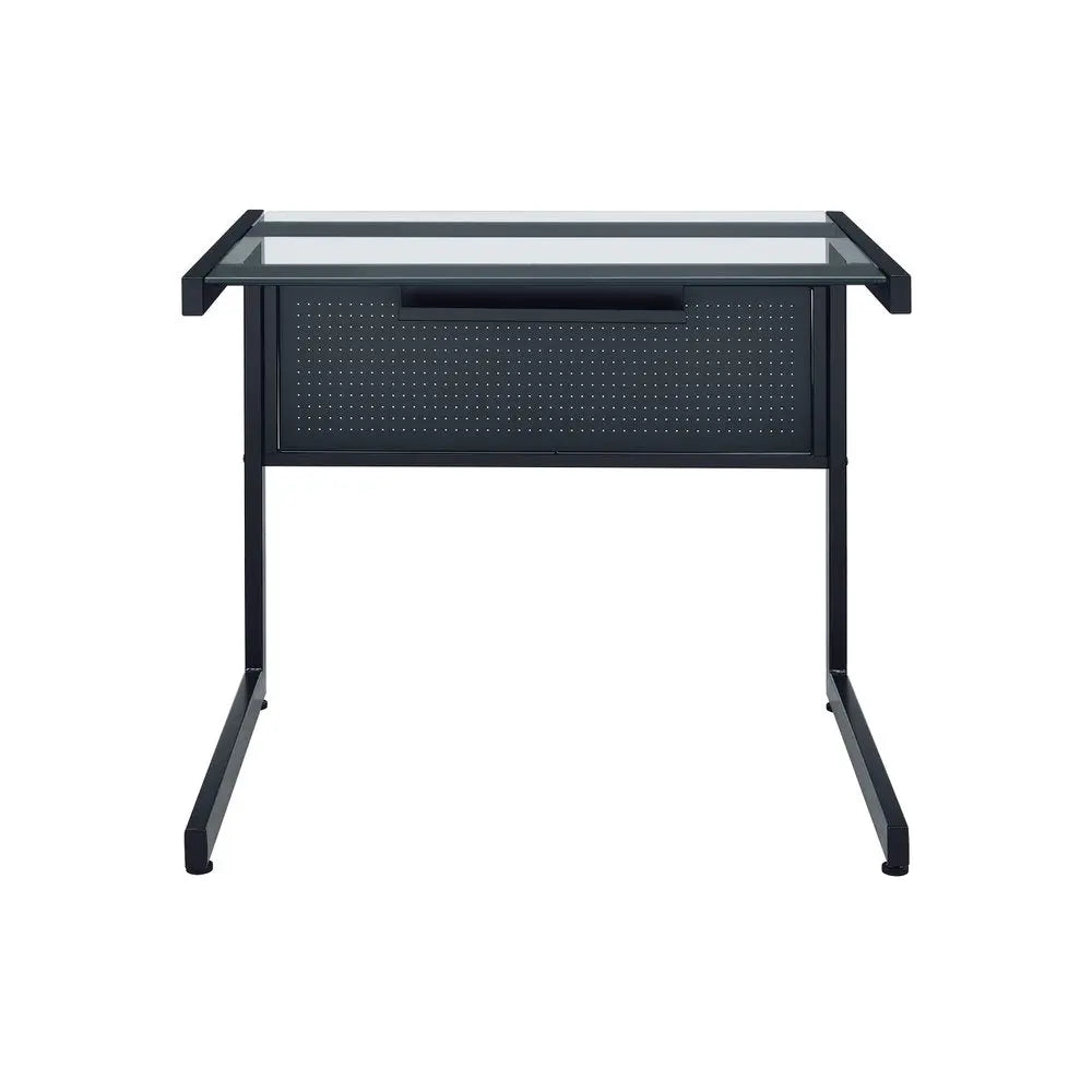 78" Clear and Black Glass and Metal Corner Computer Desk - NOBLE HOME INTERIORS