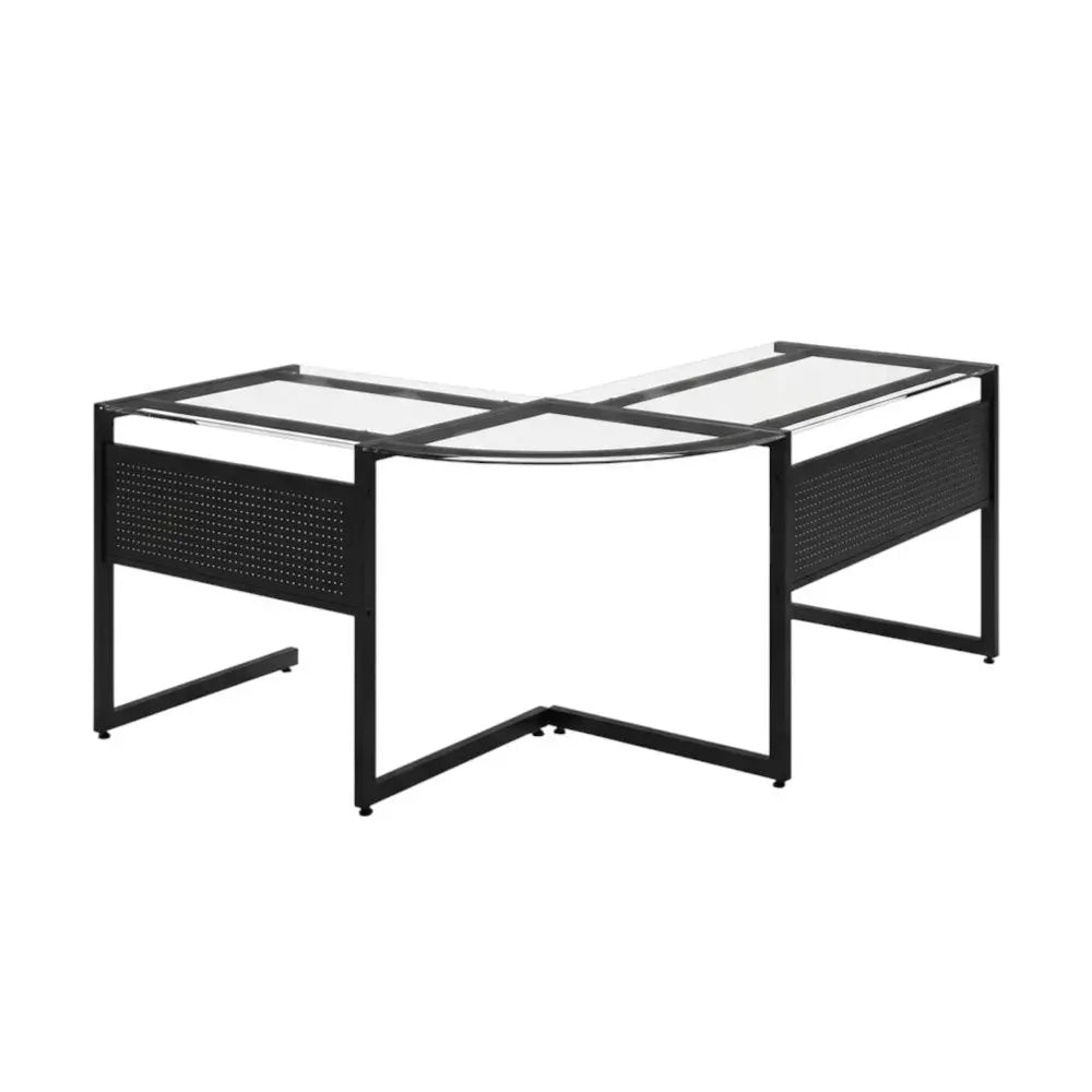 78" Clear and Black Glass and Metal Corner Computer Desk - NOBLE HOME INTERIORS