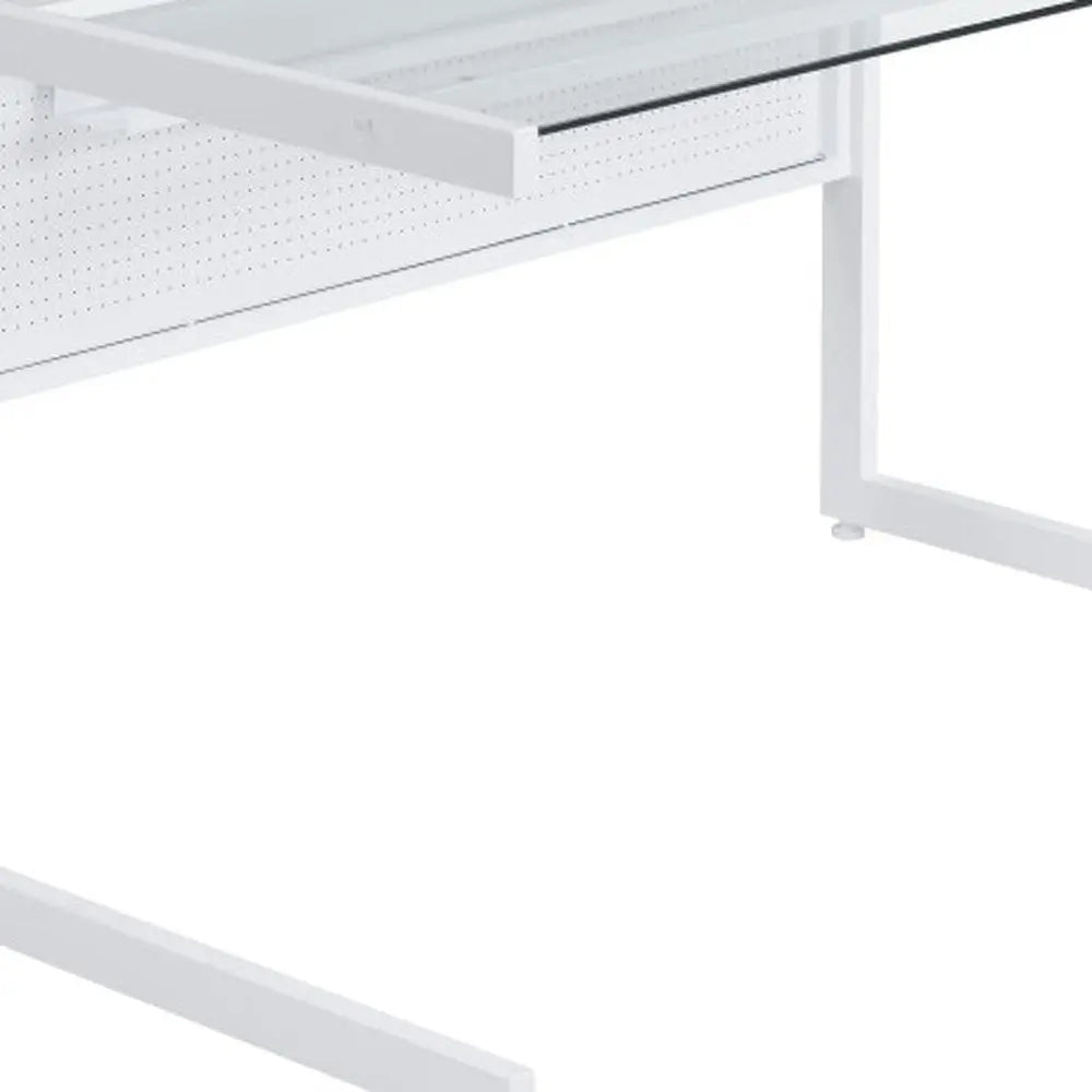 78" Clear and White Glass and Metal Corner Computer Desk - NOBLE HOME INTERIORS