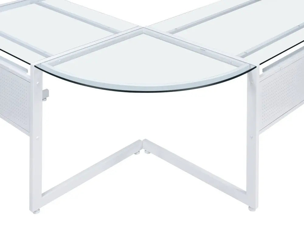78" Clear and White Glass and Metal Corner Computer Desk - NOBLE HOME INTERIORS