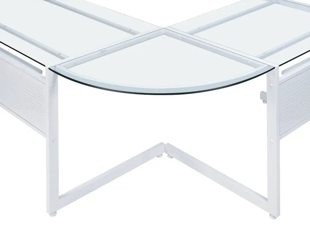 78" Clear and White Glass and Metal Corner Computer Desk - NOBLE HOME INTERIORS