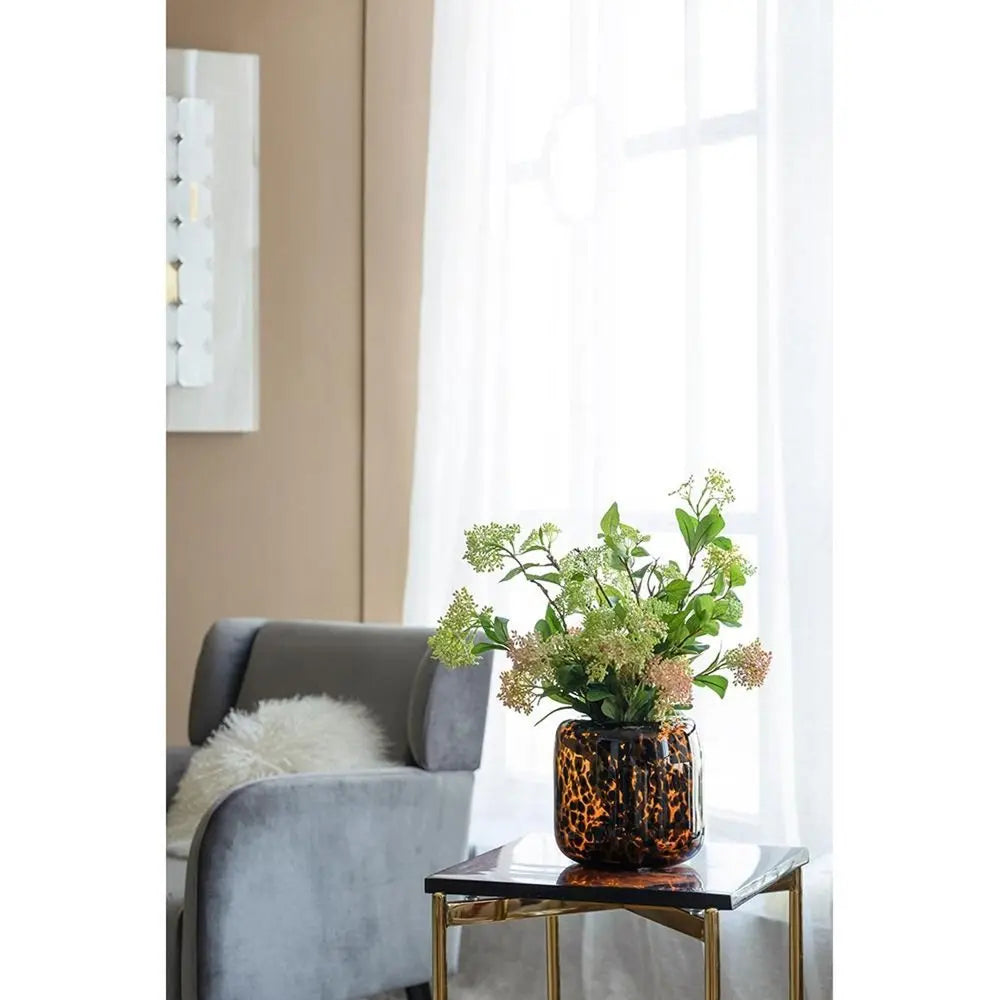 8" Amber And Black Animal Print Glass Round Table Vase - NOBLE HOME INTERIORS