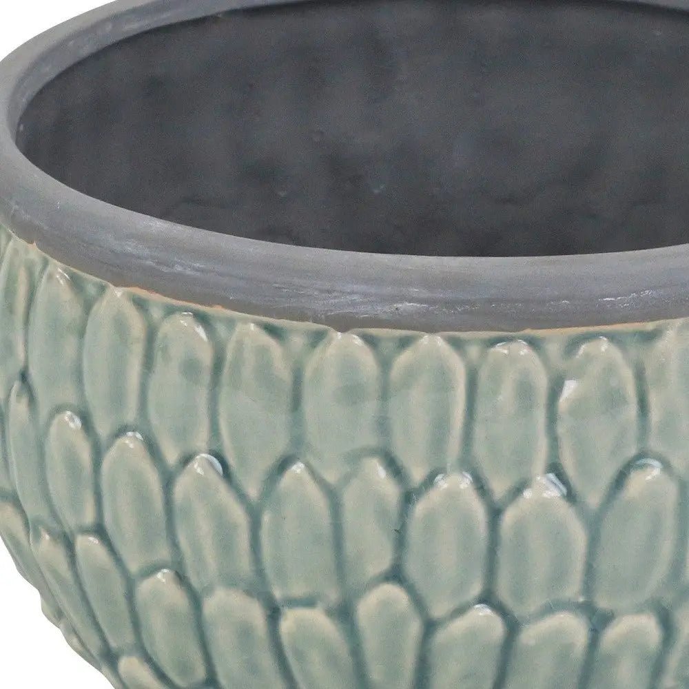8" Aqua Textural Tone On Tone Ceramic Indoor Outdoor Round Pot Planter - NOBLE HOME INTERIORS