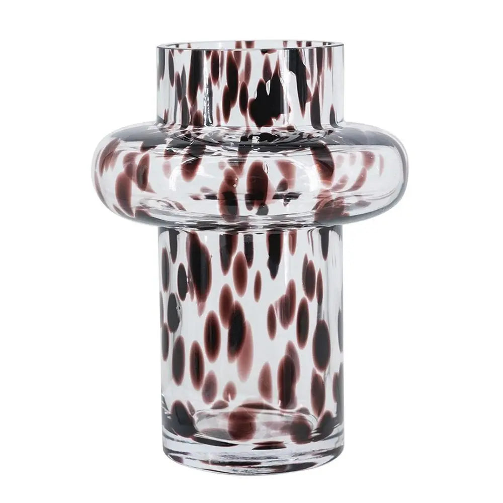 8" Clear Burgundy And Black Abstract Cylinder Glass Table Vase - NOBLE HOME INTERIORS
