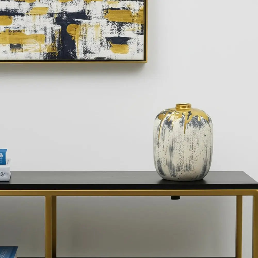 8" Gray Ivory And Gold Modern Abstract Ceramic Table Vase - NOBLE HOME INTERIORS