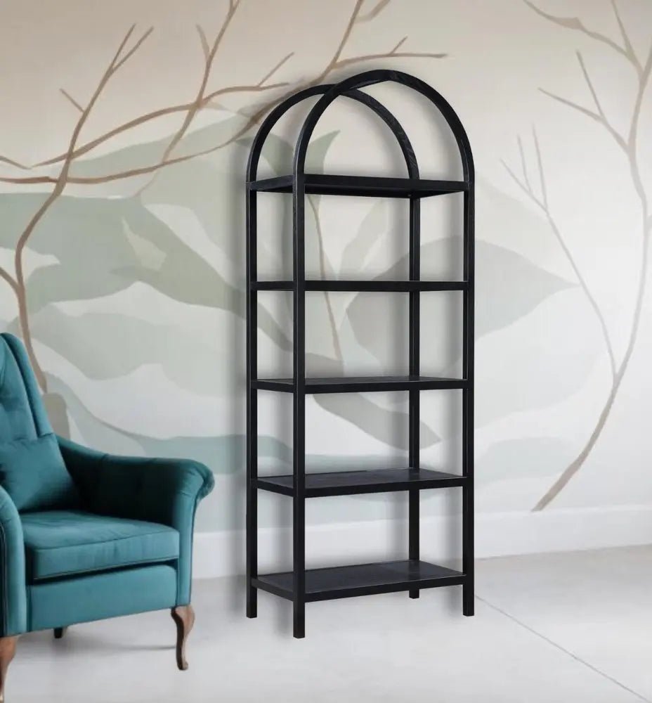 80" Black Oak Wood Five Tier Arched Top Bookcase - NOBLE HOME INTERIORS