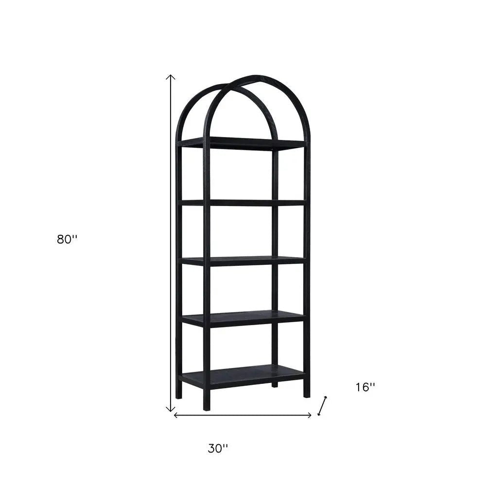 80" Black Oak Wood Five Tier Arched Top Bookcase - NOBLE HOME INTERIORS