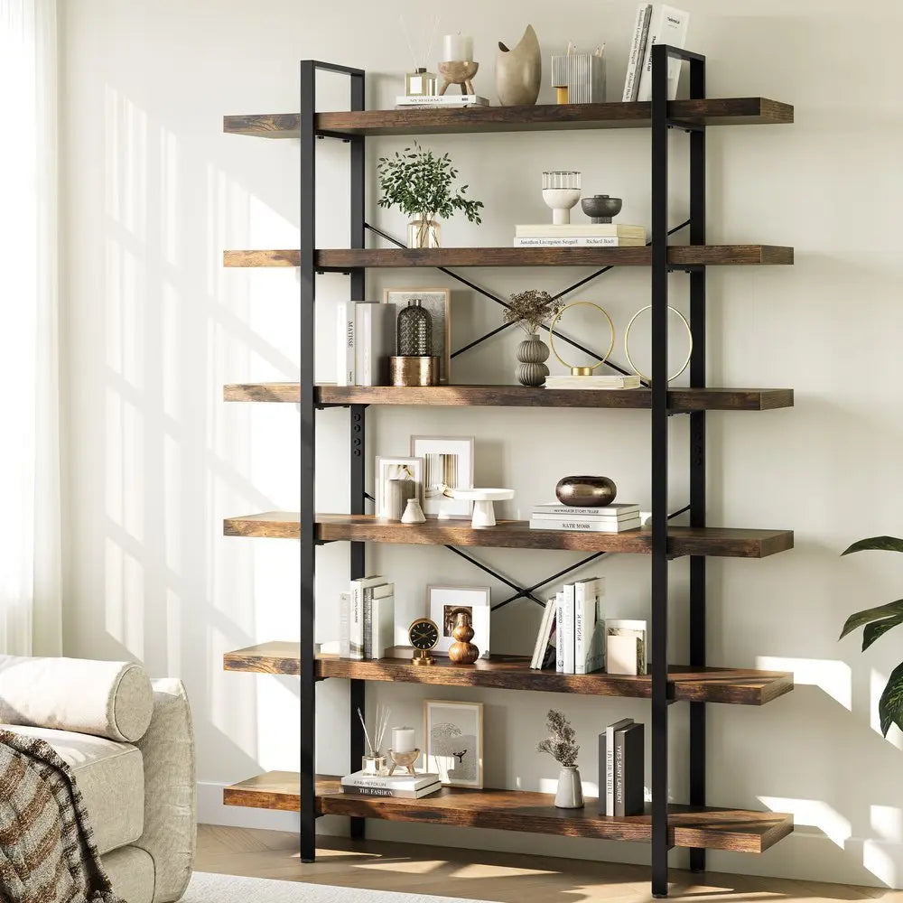 80" Brown Wood Six Tier Etagere Bookcase - NOBLE HOME INTERIORS