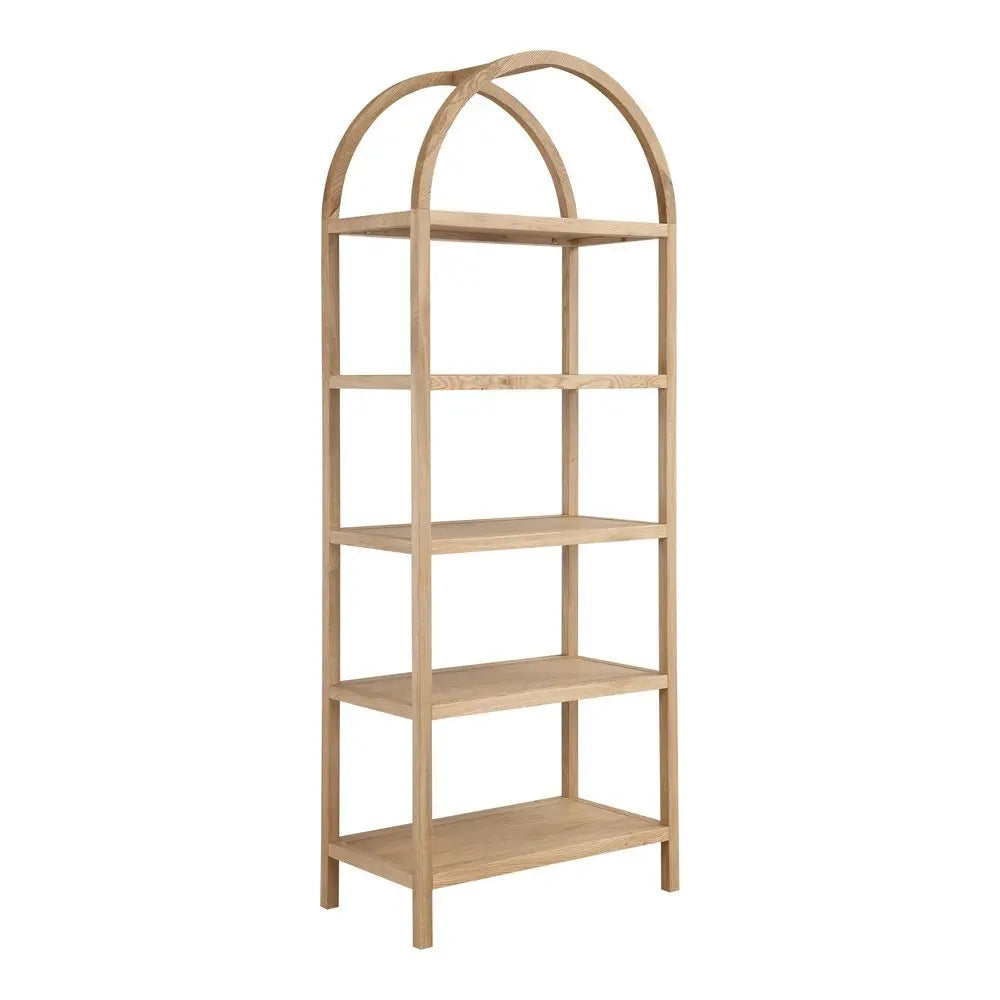 80" Natural Wood Five Tier Arched Top Bookcase - NOBLE HOME INTERIORS