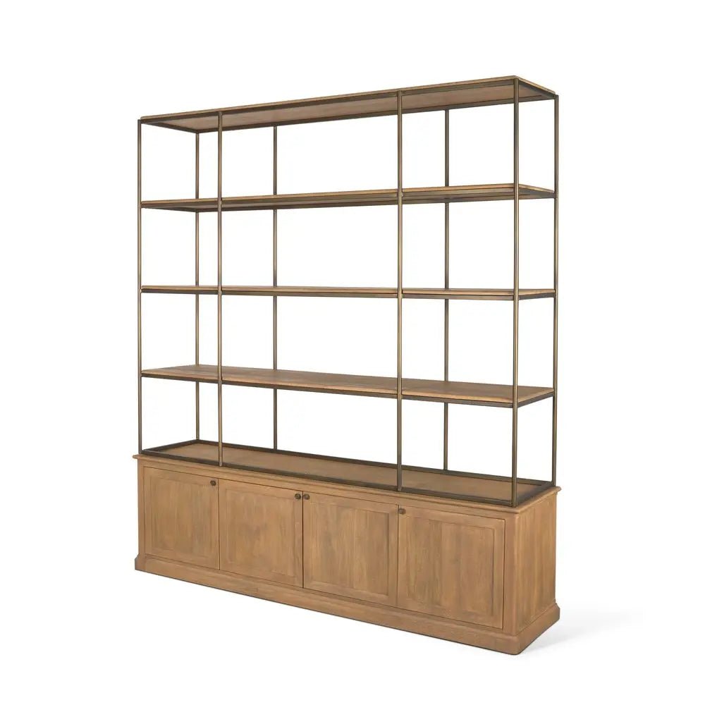82" Antiqued Brass And Light Brown Distressed Metal and Solid Wood Three Tier Bookcase with Four Doors - NOBLE HOME INTERIORS