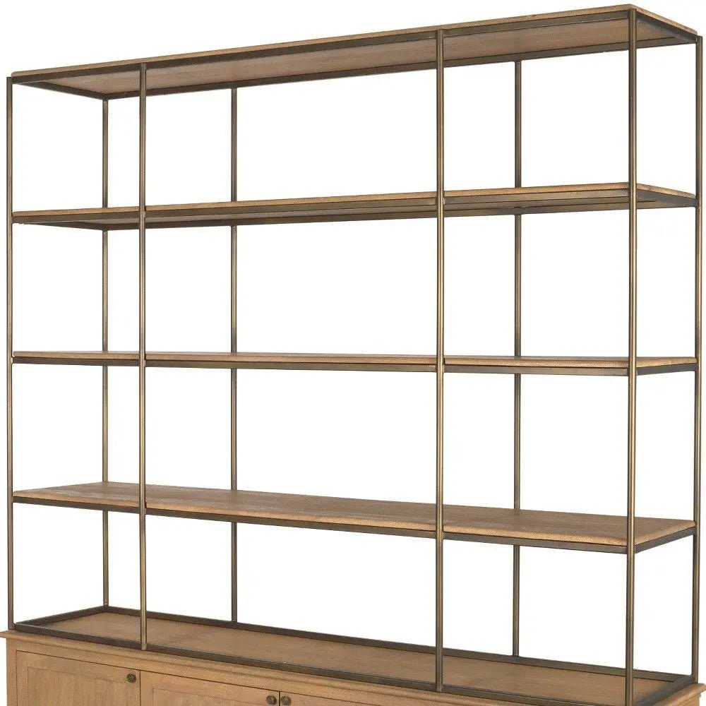 82" Antiqued Brass And Light Brown Distressed Metal and Solid Wood Three Tier Bookcase with Four Doors - NOBLE HOME INTERIORS