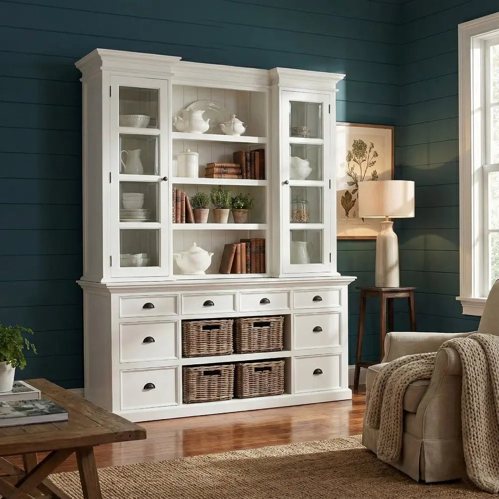87" White Wood Bookcase with Glass Doors Drawers and Baskets - NOBLE HOME INTERIORS